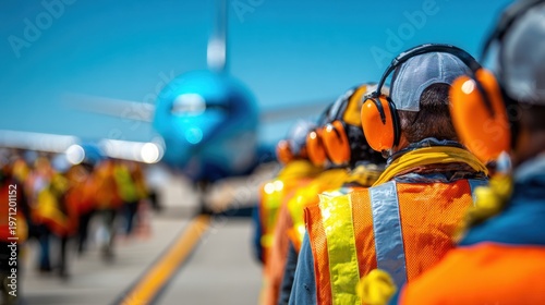 Airport ground staff wearing high-visibility safety vests with fluorescent horizontal stripes and orange noise-canceling headphones managing airport operations outdoors