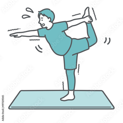 苦戦しながらヨガ（ダンサーのポーズ）をするぽっちゃり男性のイラスト