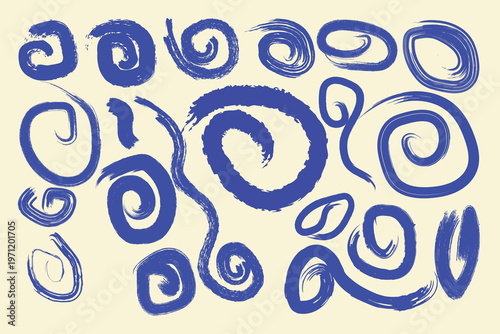Abstract blue swirls and loops on a pale beige background