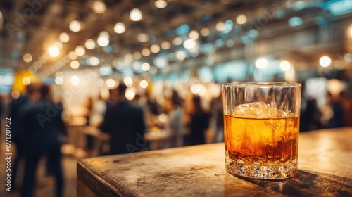 An old fashioned cocktail in a textured glass with vibrant amber color, garnished with a twist of citrus peel, set on a wooden bar counter in a lively bar environment