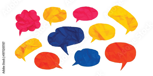 A collection of colorful speech bubbles crafted from crumpled paper texture on a white background