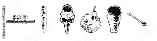 Hand drawn ice cream set sketch, in waffle cone and on a stick, white chalk on white background. Vector illustration.