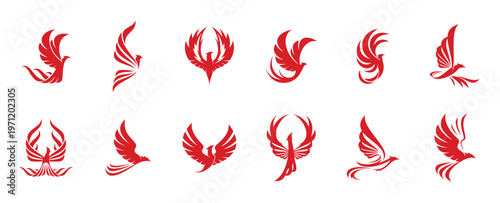 Red phoenix bird icon with fire wings and flaming feathers. Vector fenix firebird, red fire eagle, falcon or hawk flying with raised wings. vector illustration.