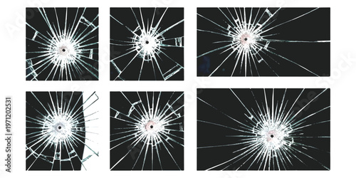 A collection of six distinct bullet hole patterns on shattered glass isolated against a black background