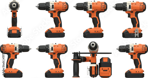 Cordless power drill illustration set, construction tool artwork design, engineering vector motif, bold graphic icon, orange black equipment symbol