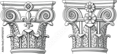 Corinthian column capital illustration set, classical architecture ornament artwork design, acanthus leaf vector motif, bold graphic icon, black white decorative symbol