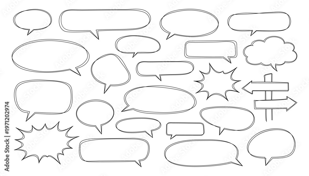 Fototapeta premium Hand Drawn Speech Bubble Set with Arrow Sign – Black Outline Comic Dialogue Elements Vector Style