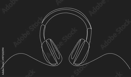 One Line Drawing of Headphones - Minimalist Vector Art on Black Background