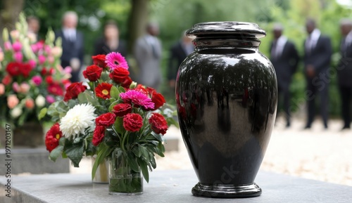 Black shiny metal urn with reflective surface placed outdoors, surrounded by vibrant floral arrangements and people in a garden setting