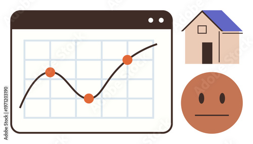 Real estate trends, data analysis, housing market, investment decisions, market growth, emotions. A growth chart, a house and a neutral expression. Real estate trends and data analysis concept