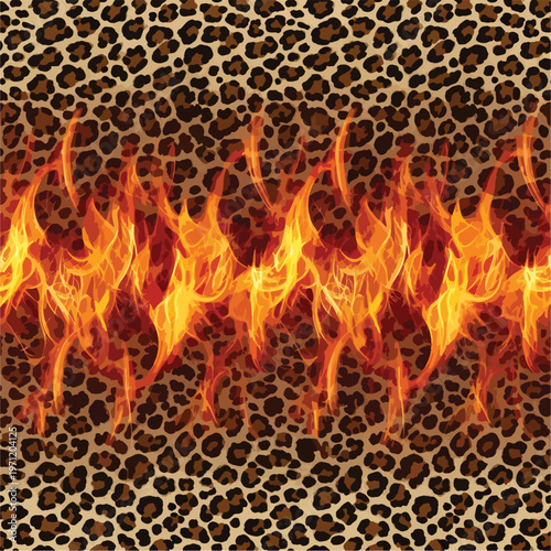 Fiery flames burning across a leopard print pattern, creating a bold and dynamic design