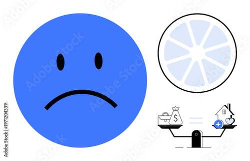 Financial choices concept. Sad face dissatisfaction in financial decisions, with scales balancing monetary wealth and personal assets. Relevant for finance, emotions, decision making, economics