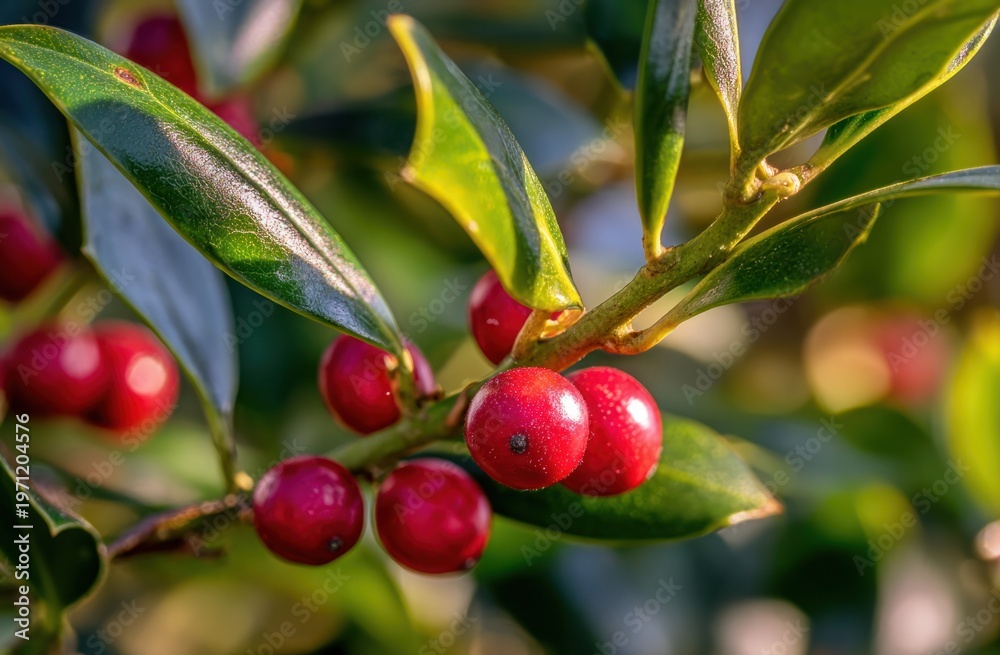 Obraz premium Bright red holly berries and glossy green leaves under sunlight