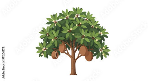 Illustration of a Macadamia Nut Tree with Ripe Nuts and Green Leaves