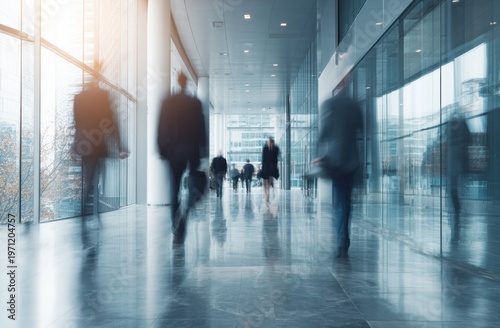 Business people walking through modern office corridor with glass walls and polished floor, professional attire, busy work environment