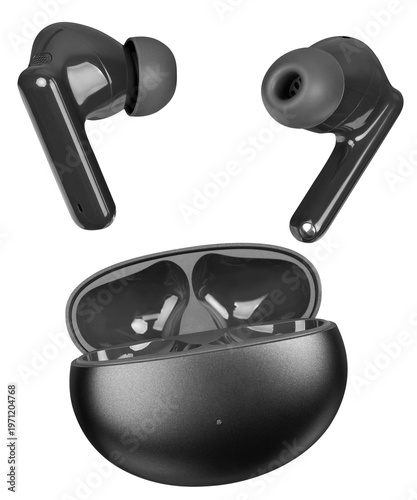 black wireless earphones with case. Headphones isolated.