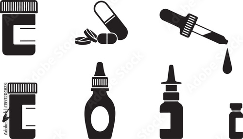 Black and white image of various medicine bottles and pills