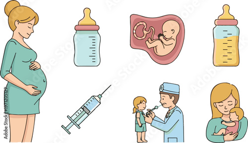 A collection of images related to pregnancy and childcare