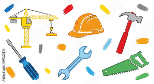 Construction Tools and Crane Illustration - DIY, Building, and Repair Set