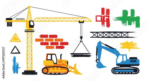 Construction Site Equipment and Materials with Brush Strokes