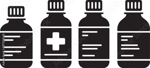 Four black bottles with white labels and caps