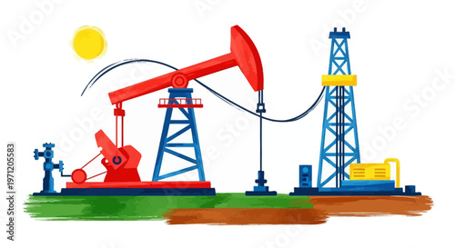 Oil Pumpjack and Drilling Rig Silhouette, Energy Industry, Fossil Fuels, Natural Resources