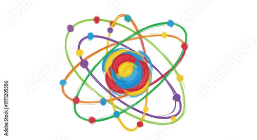 Colorful Abstract Atom Model with Orbiting Electrons on White Background