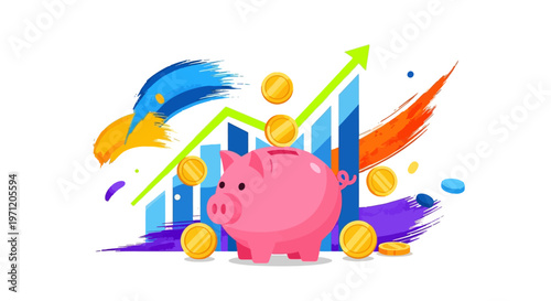 Piggy bank with growing graph, coins and colorful splashes, financial growth concept