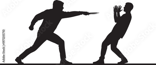 Powerful silhouette depicting a knife-wielding attacker confronting a fearful individual, symbolizing assault, self-defense, crime, and the widespread fear of violence