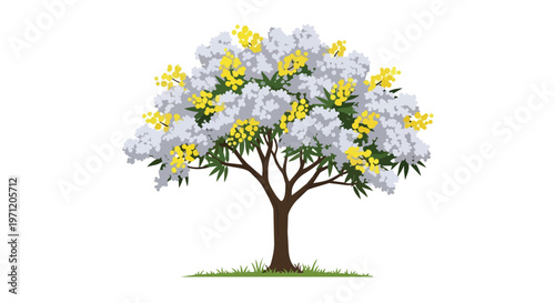 Stylized Flowering Tree with Yellow and White Blossoms Illustration