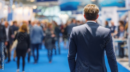 Businessman with short brown hair in a dark blue suit walking through a professional exhibition or conference hall filled with people and booths