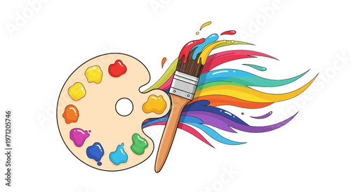 Artist's Palette with Brush Creating Colorful Paint Splashes - Art and Creativity