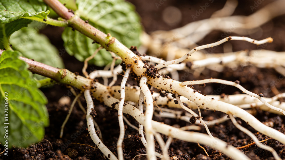 Fototapeta premium Closeup of herb roots growing in soil on a farm in early spring