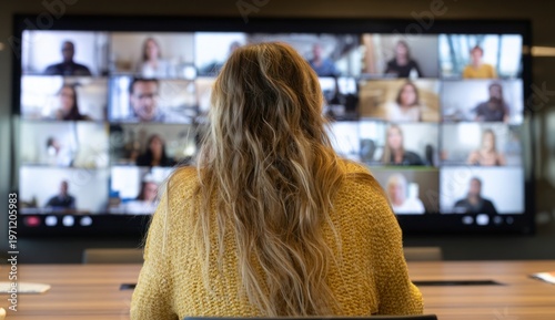 Businesswoman in a beige sweater with wavy blonde hair viewing a large screen displaying multiple video call participants in a conference room
