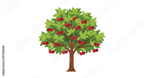 Cartoon Cherry Tree with Ripe Red Fruit Illustration