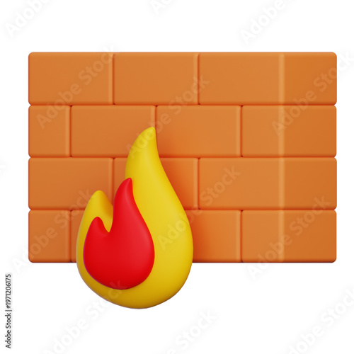 3D brick wall with a flame icon, representing security and protection in a digital context, symbolizing a firewall blocking unauthorized access