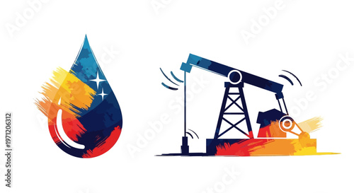 Oil pump jack and oil drop with colorful brush strokes, energy industry concept.