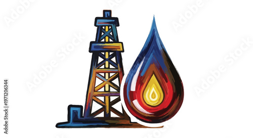 Oil Rig and Fiery Oil Drop Icon - Energy Industry and Fuel Concept