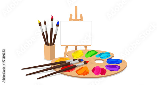 Artistic tools: easel, palette with paints, brushes, and blank canvas.