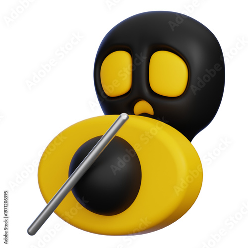 Abstract 3D illustration of a masked figure over a stylized planet or lens, conceptual representation of anonymity and observation