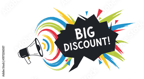 Megaphone Announcing Big Discount with Colorful Explosions and Abstract Shapes