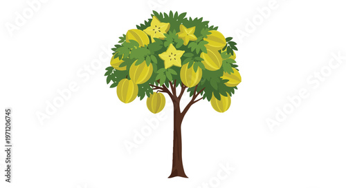 Illustration of a Starfruit Tree with Ripe Yellow Carambola Fruits