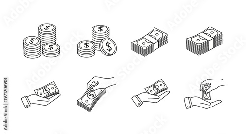 Financial transactions and currency exchange a collection of line art illustrations depicting money and payments