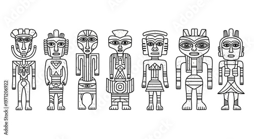 Line art depiction of seven ancient stylized humanoid figures reminiscent of tribal art and iconography