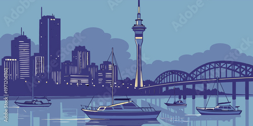 Auckland Harbour vector silhouette. Features the Sky Tower piercing the night sky, nestled between the harbour bridge and the rolling volcanic hills.