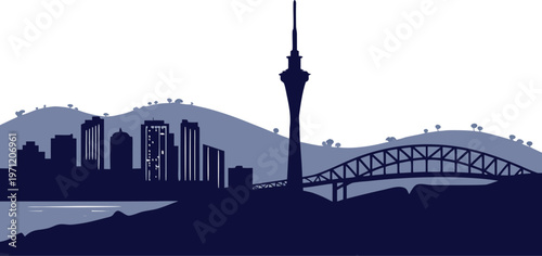 A dramatic Auckland harbour vector silhouette. Features the Sky Tower piercing the night sky, nestled between the harbour bridge and the rolling volcanic hills.