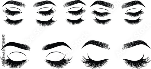 Eyelash and Eyebrow Vector Illustration Set with Closed Eyes, Makeup Lash Styles and Brow Shapes Beauty Design Collection
