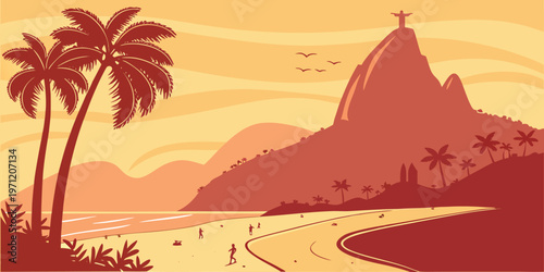 Rio de Janeiro, a tropical beachfront silhouette vector.