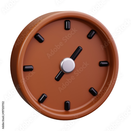 A realistic 3D render of a brown circular clock face with black hour markers and a silver second hand, isolated on a white background, showcasing a simple timekeeping device