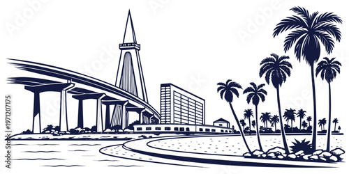 A sleek waterfront vector silhouette of San Diego.